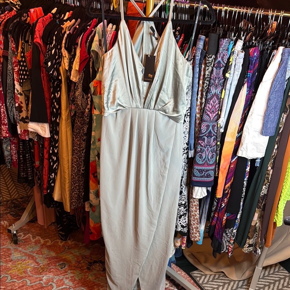 TFNC Silver/teal Sheath Halter Maxi Dress